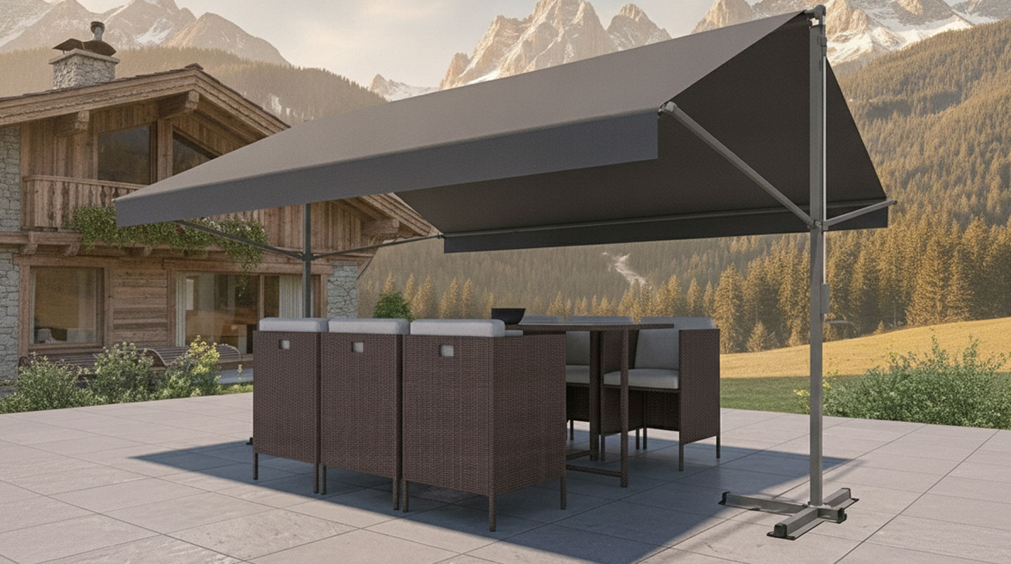 Gros plan macro d'une platine métallique de répartition fixée par boulons inox sur lame de terrasse en bois, lumière latérale créant des ombres accentuant le grain du bois et la précision métallique