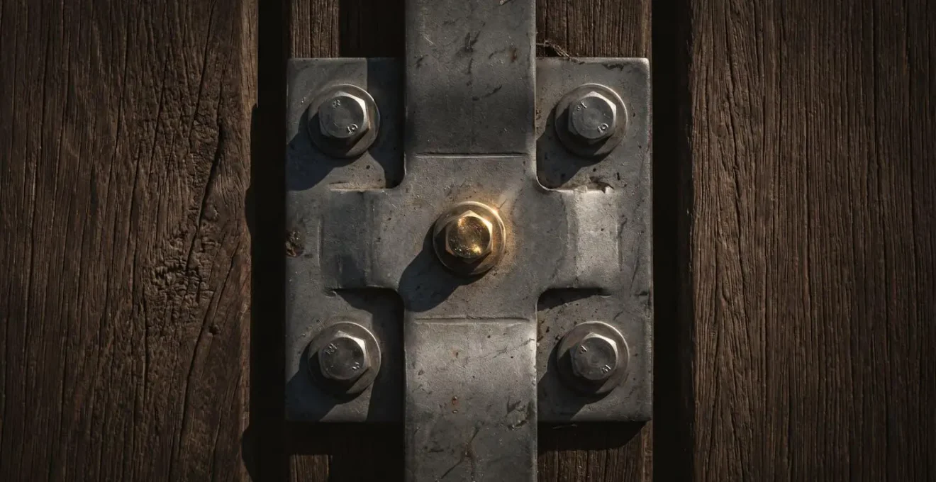 Gros plan macro d'une platine métallique de répartition fixée par boulons inox sur lame de terrasse en bois, lumière latérale créant des ombres accentuant le grain du bois et la précision métallique