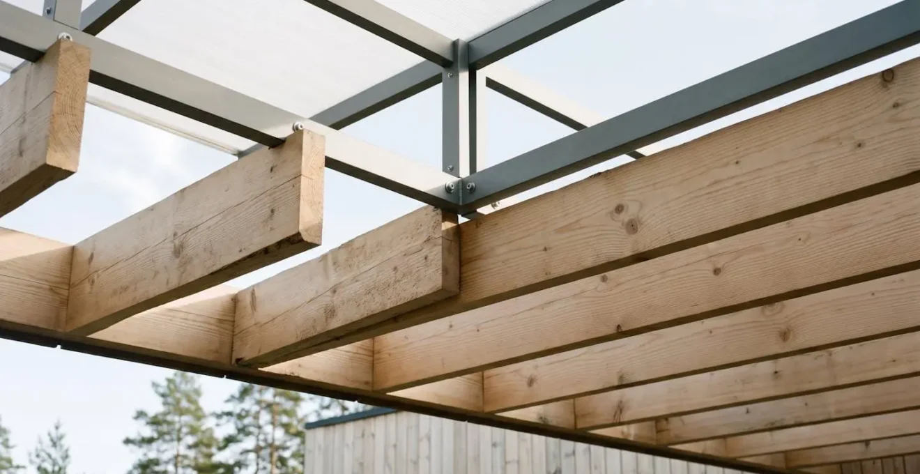 Vue en contre-plongée d'une jonction entre solives en bois naturel et structure aluminium, lumière naturelle latérale créant des ombres douces sur le grain du bois