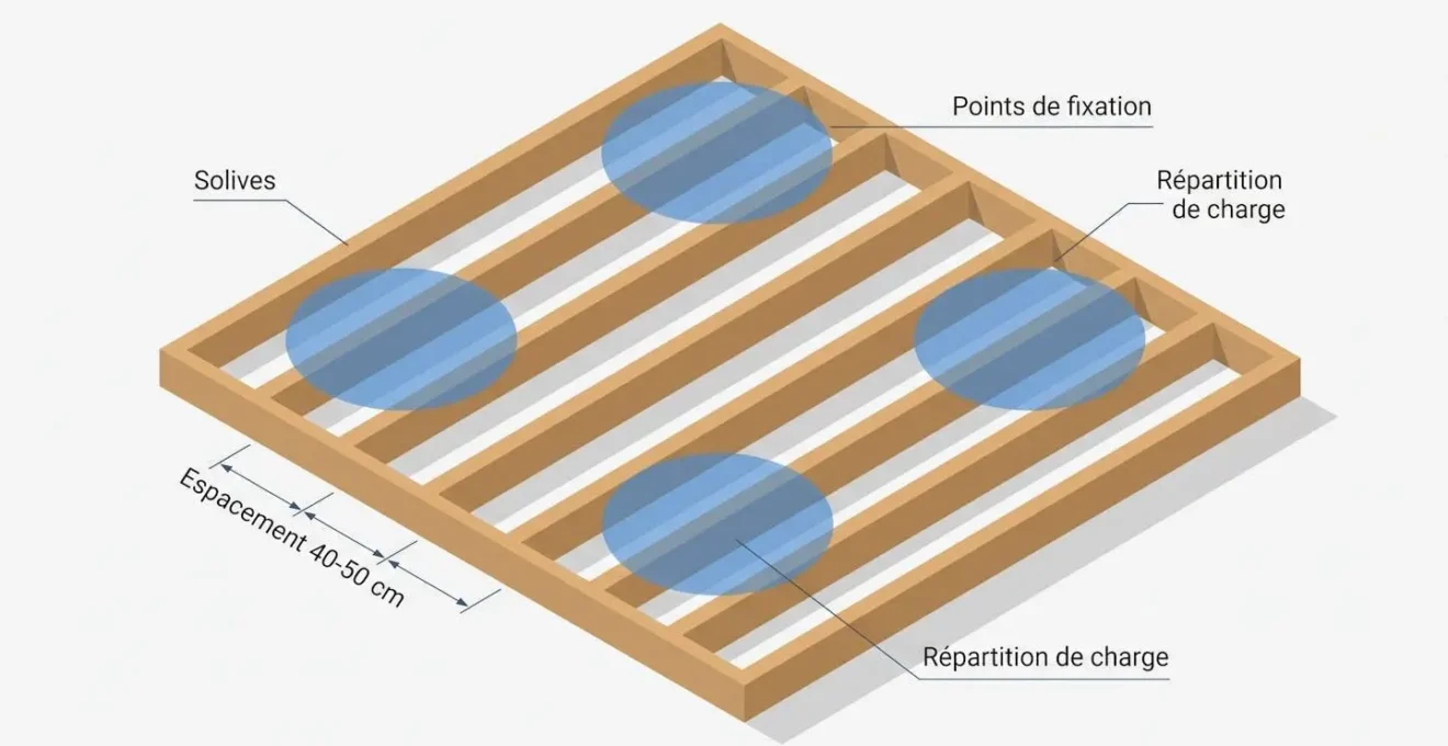 Schéma isométrique 3D d'une structure de terrasse en bois montrant solives parallèles avec cercles bleus indiquant les points de répartition de charge optimaux, annotations en français